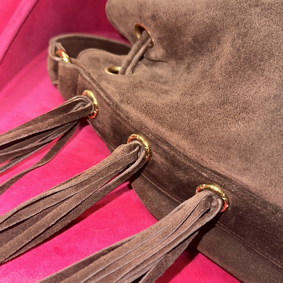 Chanel chocolate suede fringe bucket crossbody shoulder tote purse with pouch - Picture 8 of 16